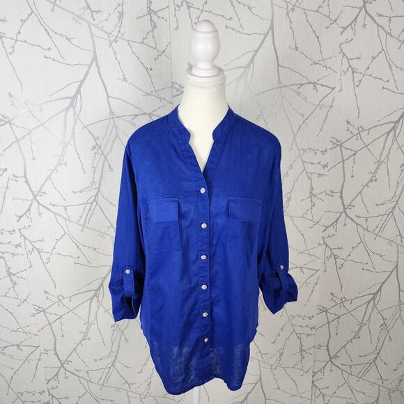 Alia Royal Blue Linen Cotton Button Front Western Style Blouse - Picture 1 of 7